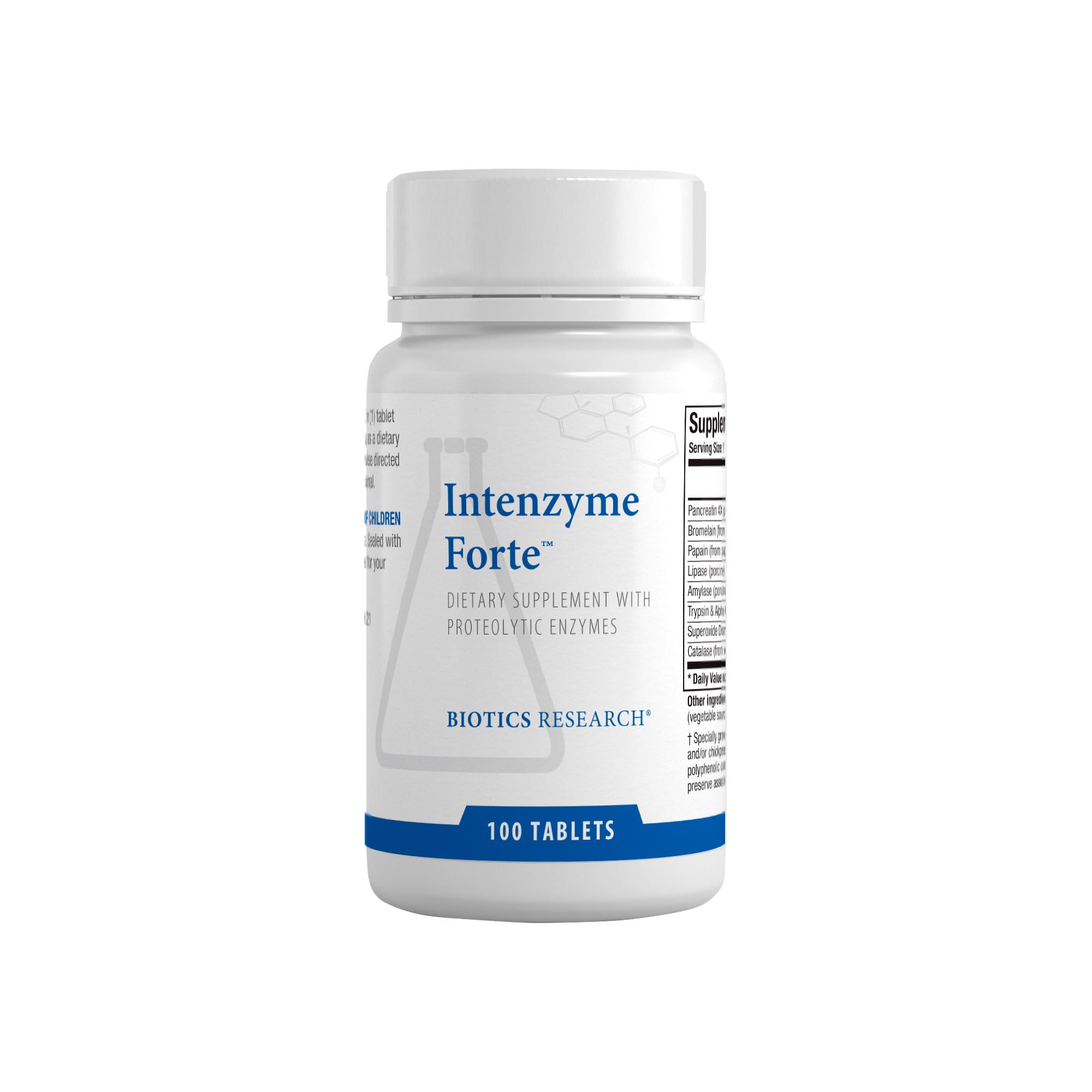 Biotics Research Intenzyme Forte bottle showing capsules for digestion support.