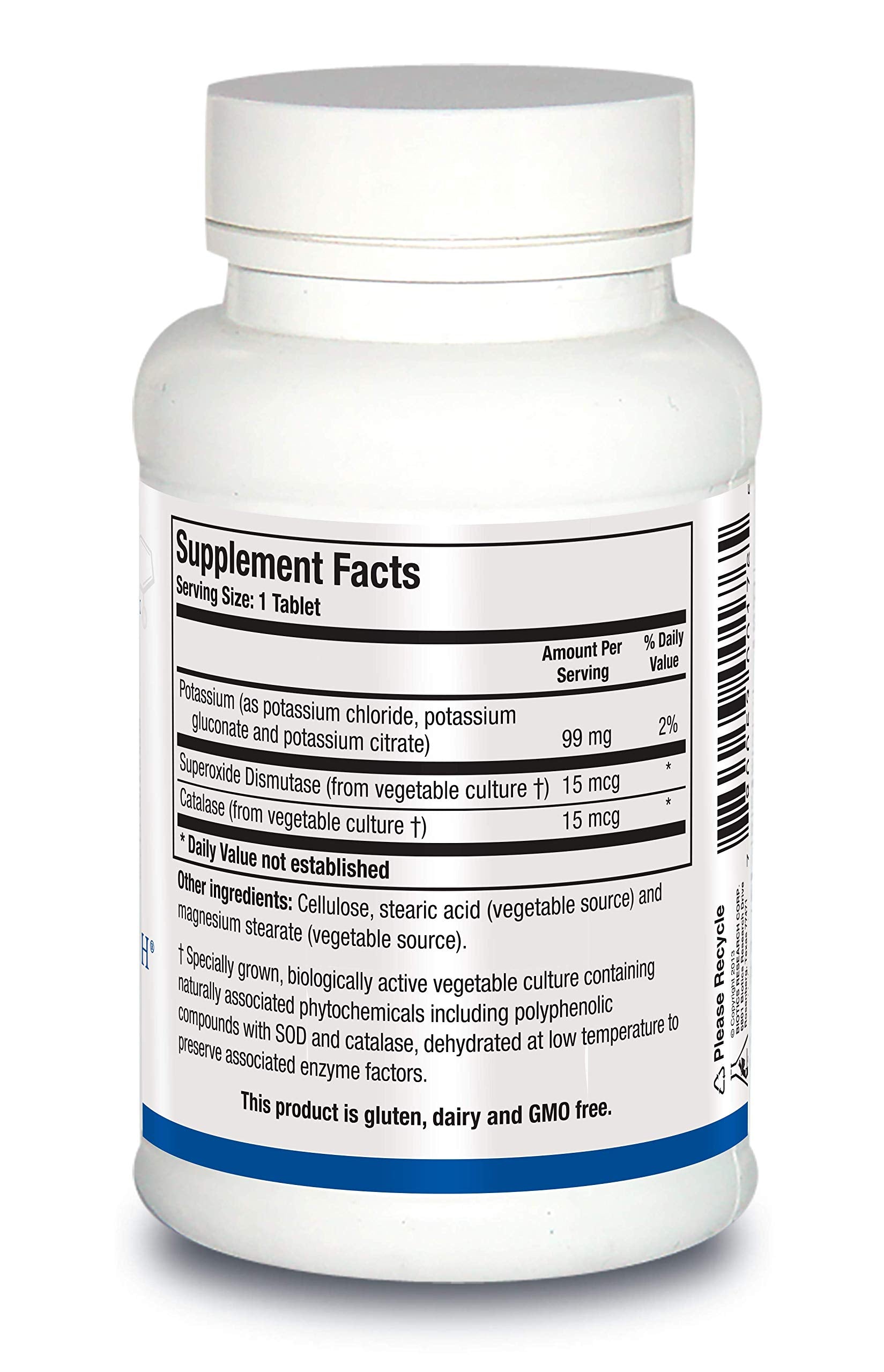 Biotics Research K Zyme potassium label highlights 99 mg per tablet and usage