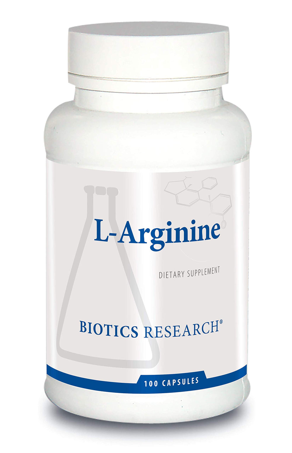 Biotics Research L-Arginine bottle label shows ingredients and dosage.