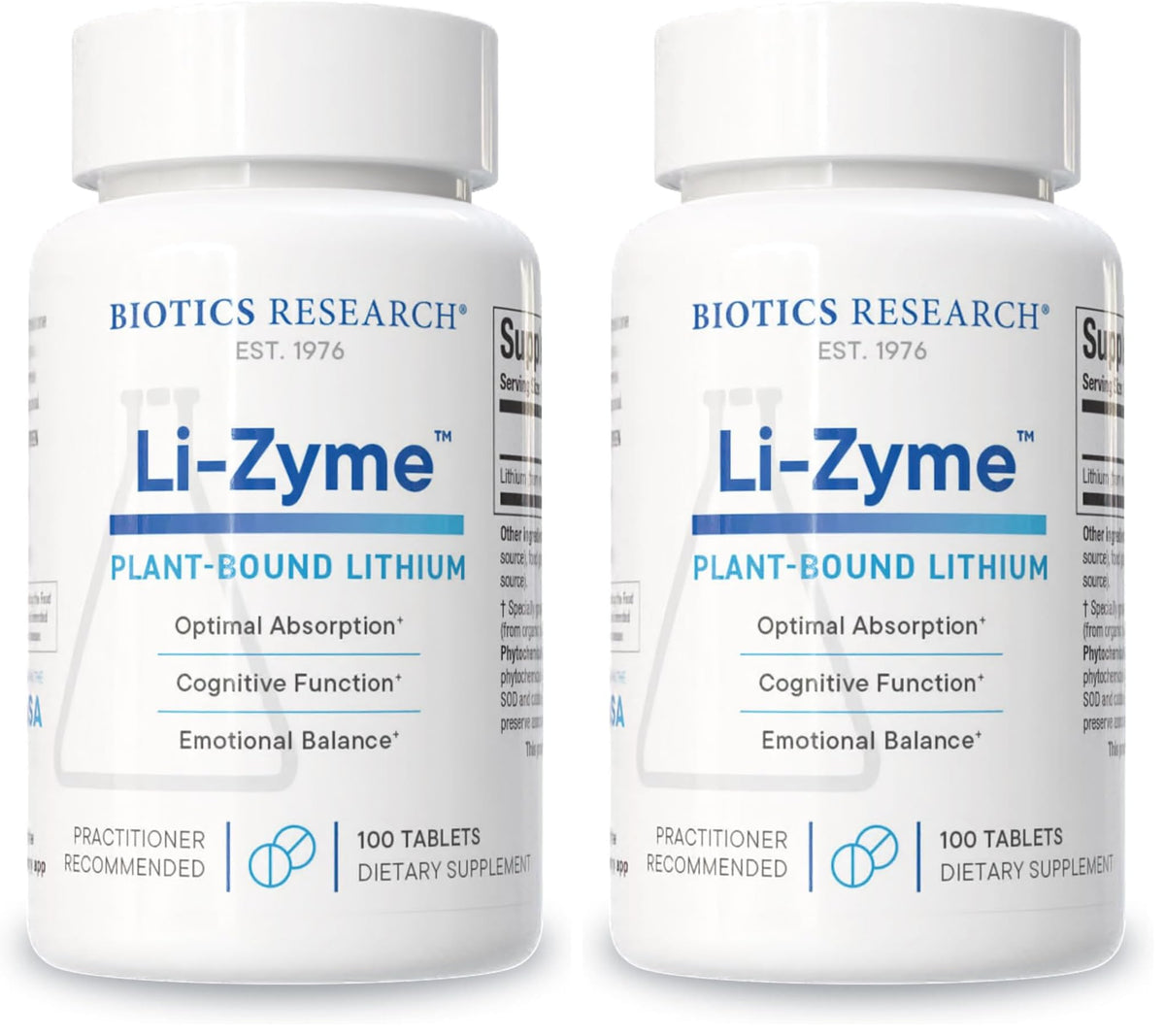 Biotics Research Li-Zyme bottle highlighting whole-food lithium for brain support.
