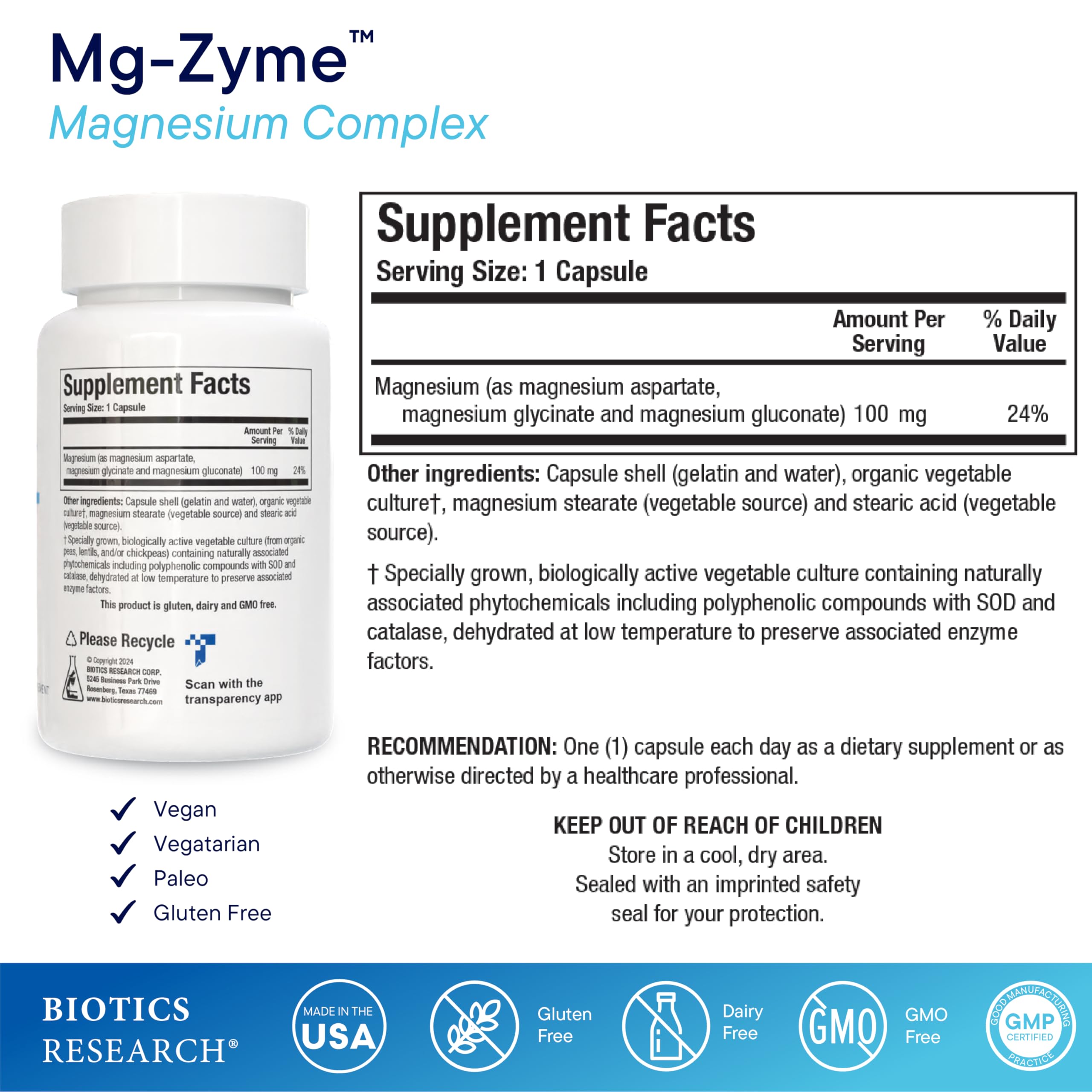 Mg-Zyme capsules closeup highlighting chelated magnesium blend for absorption.