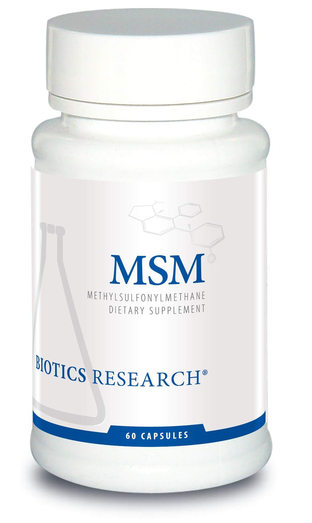 Biotics Research MSM Potent Sulfur bottle shows capsules for joint comfort and skin support.