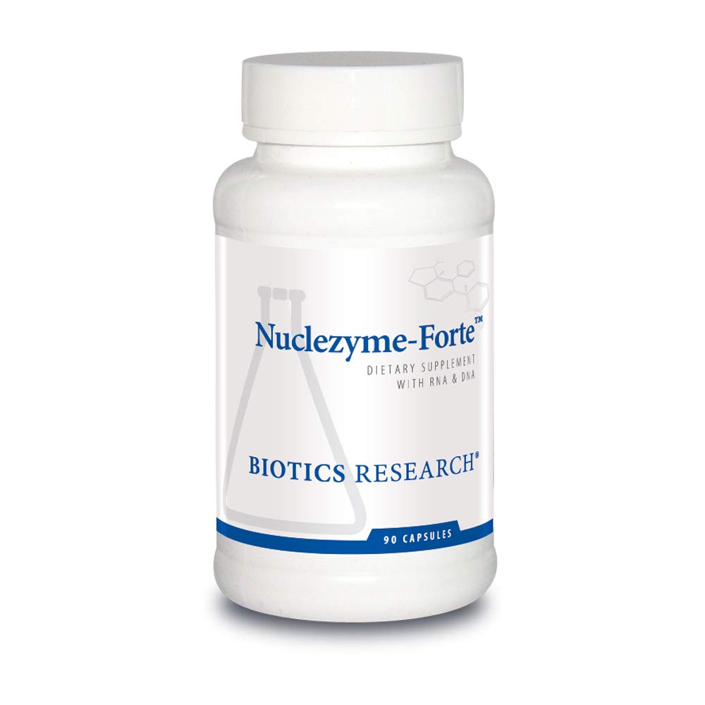 Biotics Research Nuclezyme-Forte bottle front with RNA/DNA blend for aging support.