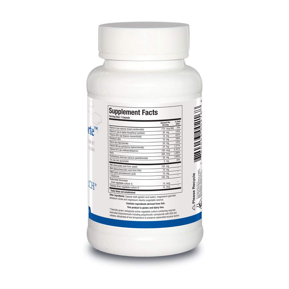 Biotics Research Nuclezyme-Forte label closeup showing SOD and catalase antioxidant enzymes.
