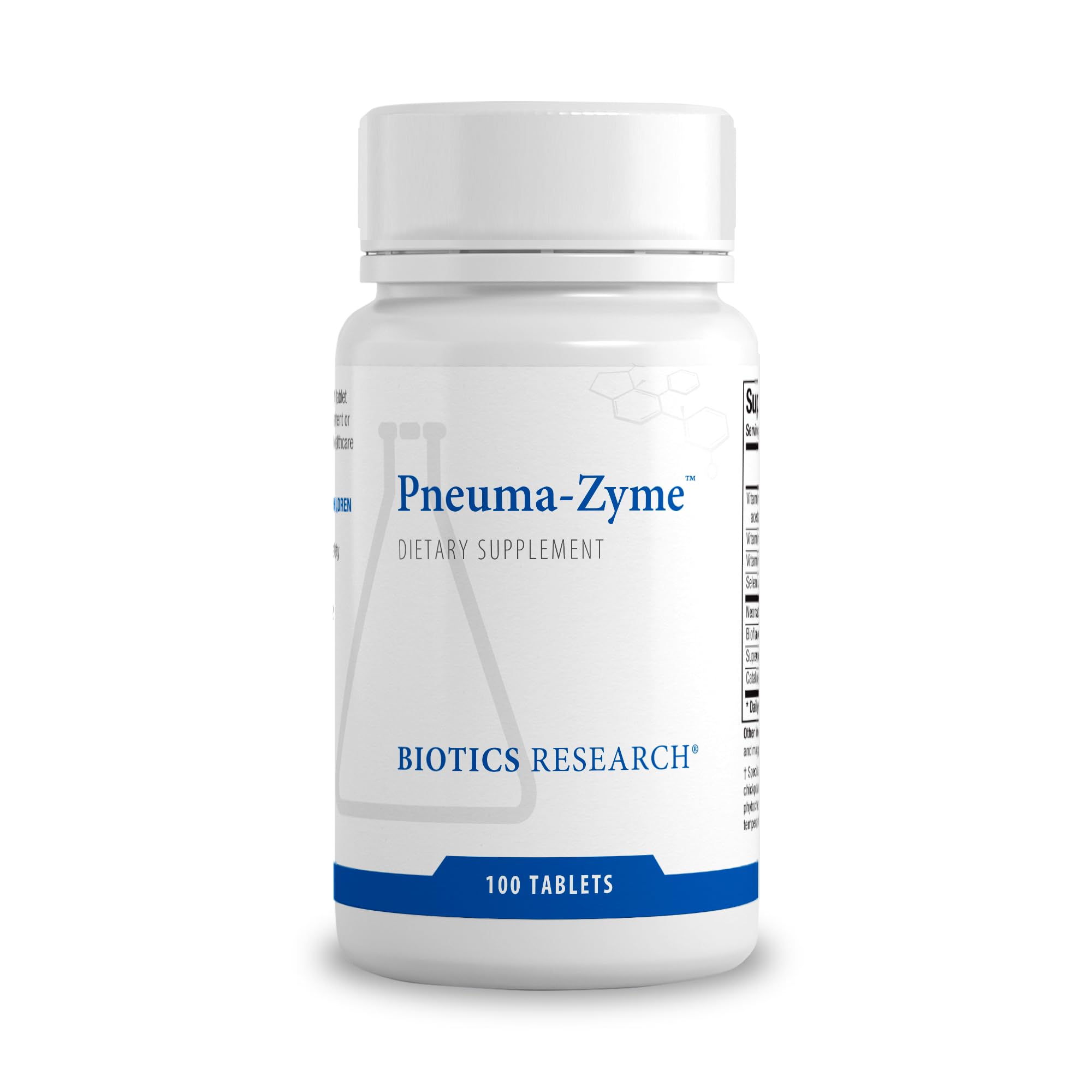 Biotics Research Pneuma-Zyme bottle and label shown for easy respiratory support targeting upper airways.
