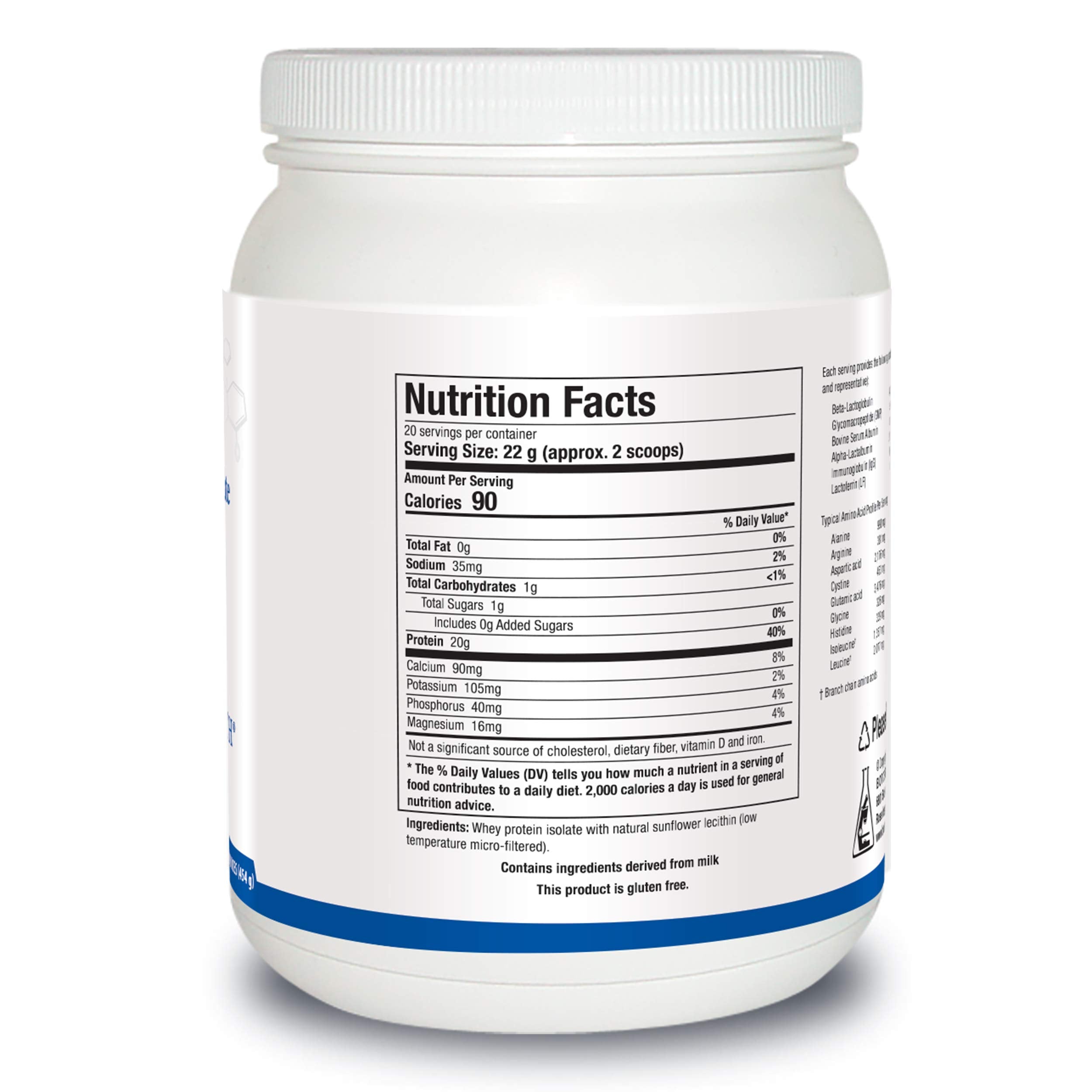 Biotics Research whey protein isolate scoop close-up showing 20 g per serving