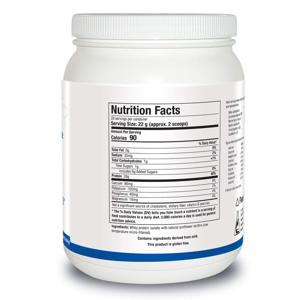 Biotics Research whey protein isolate scoop close-up showing 20 g per serving