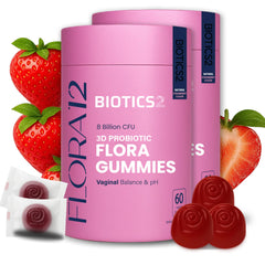 Biotics2 Flora12 bottle overview highlights vegan, sugar-free probiotic gummies