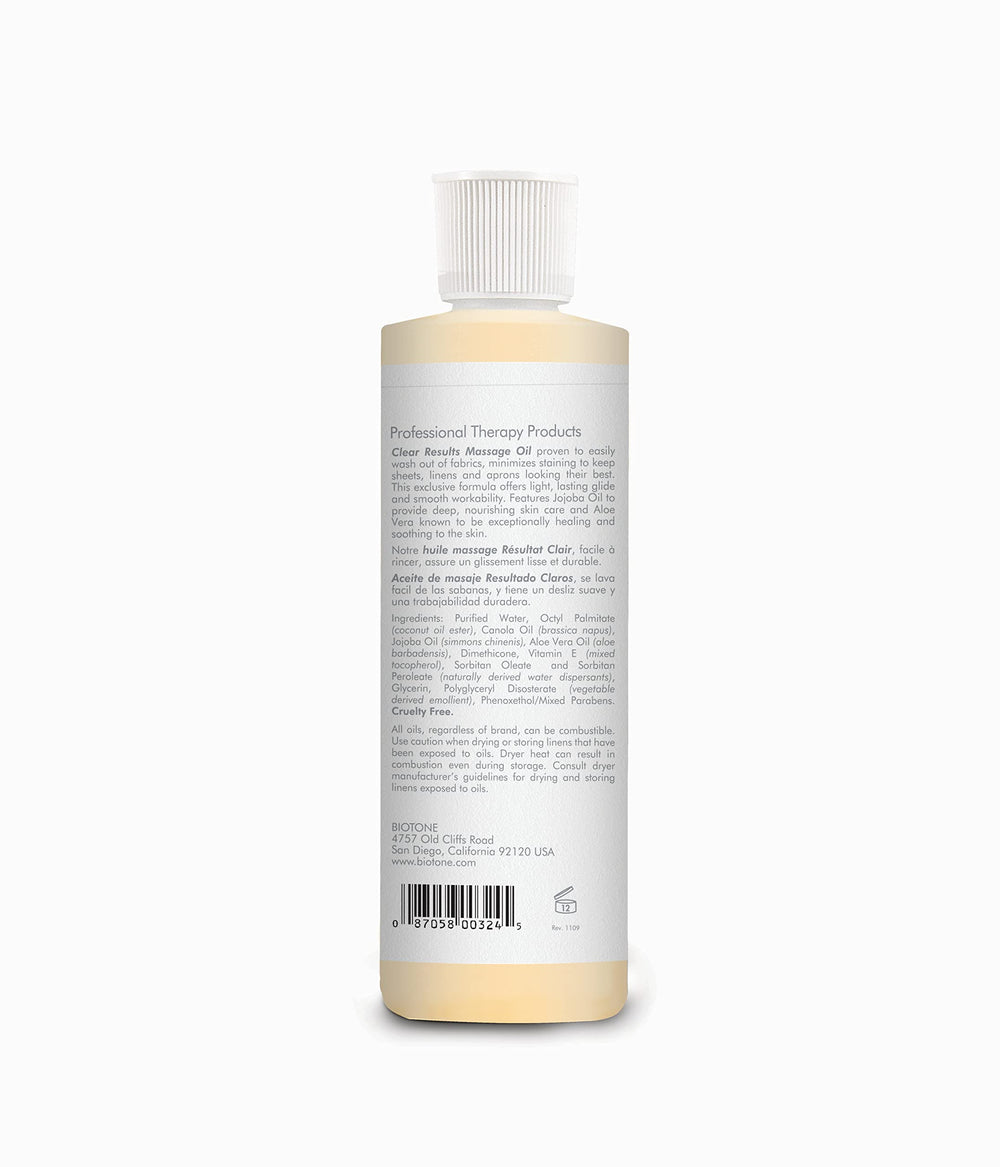 Biotone Clear Results Massage Oil packaging box showcases premium design for easy handling.