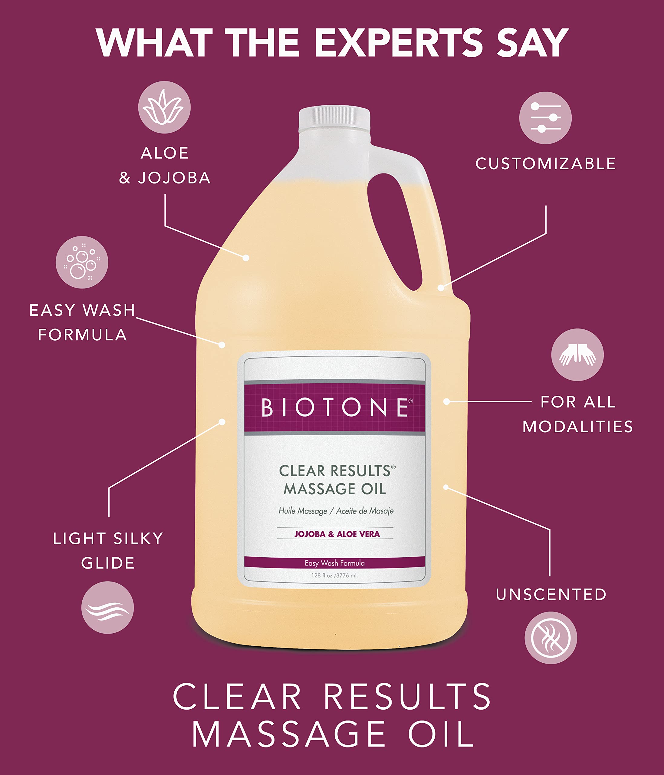Biotone Clear Results Massage Oil smooth glide enhances relaxation during routines.