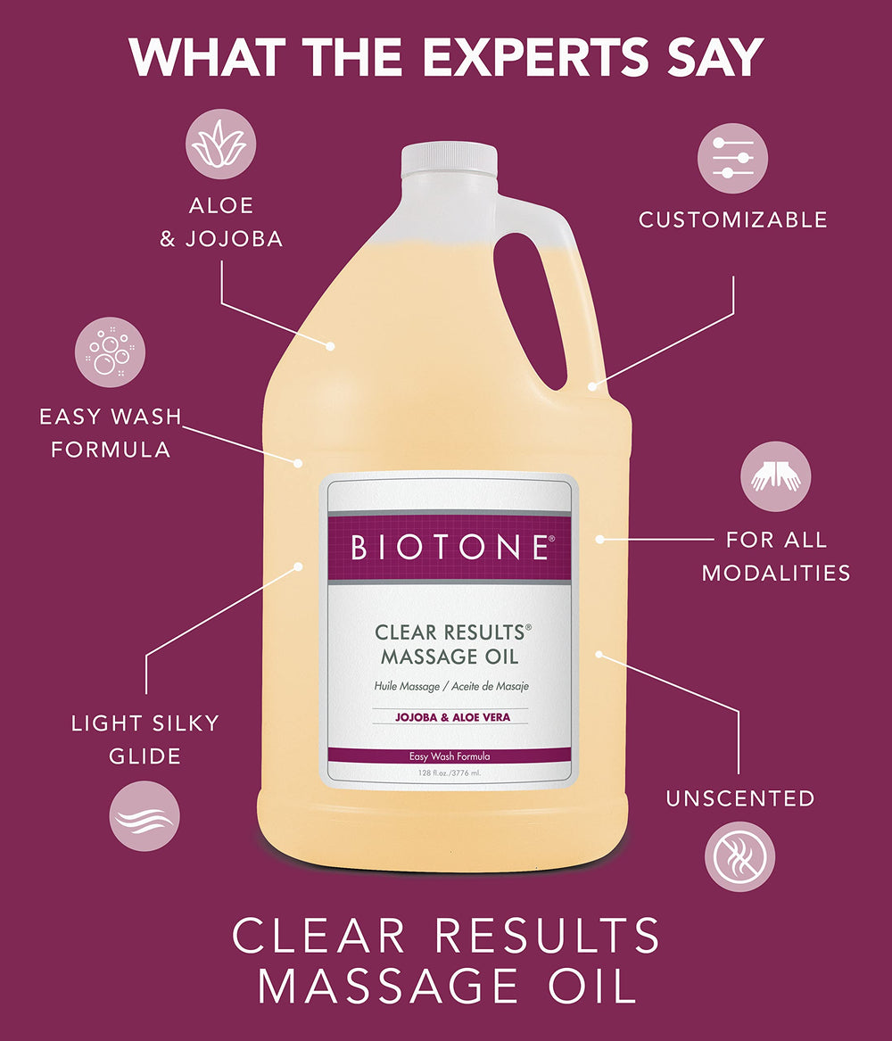 Biotone Clear Results Massage Oil smooth glide enhances relaxation during routines.
