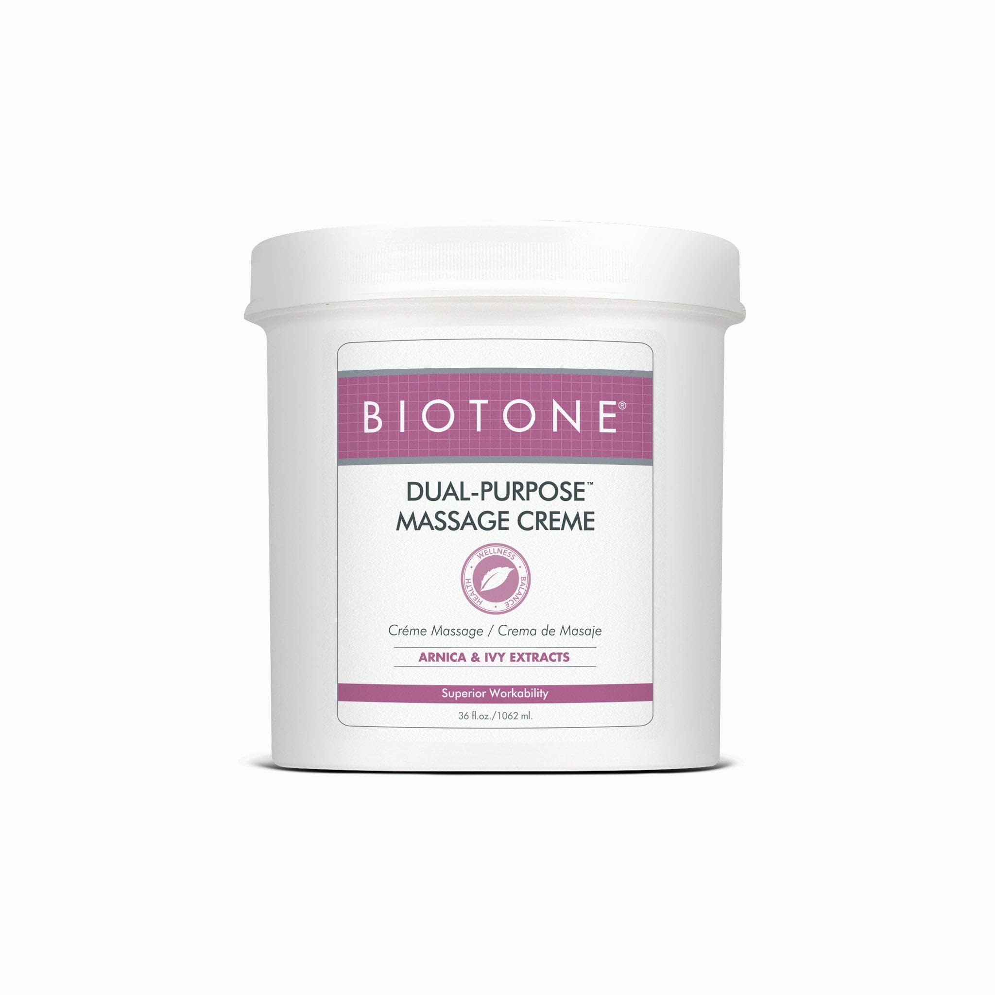 Biotone Dual-Purpose Massage Creme 36oz bottle offers smooth glide for therapy sessions.