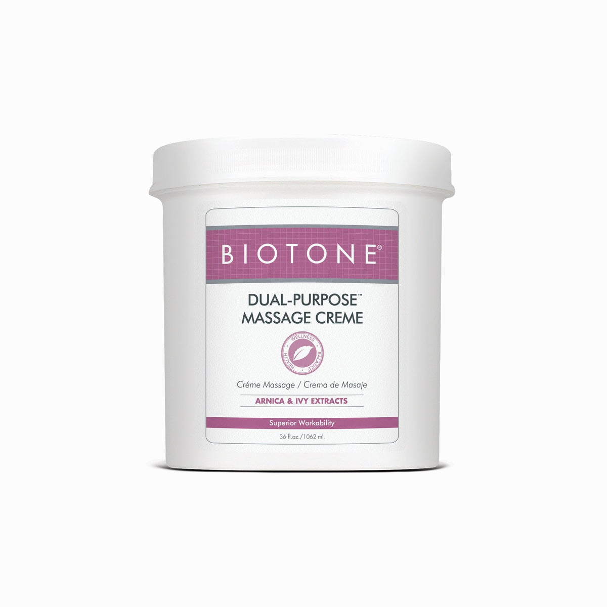 Biotone Dual-Purpose Massage Creme 36oz bottle offers smooth glide for therapy sessions.