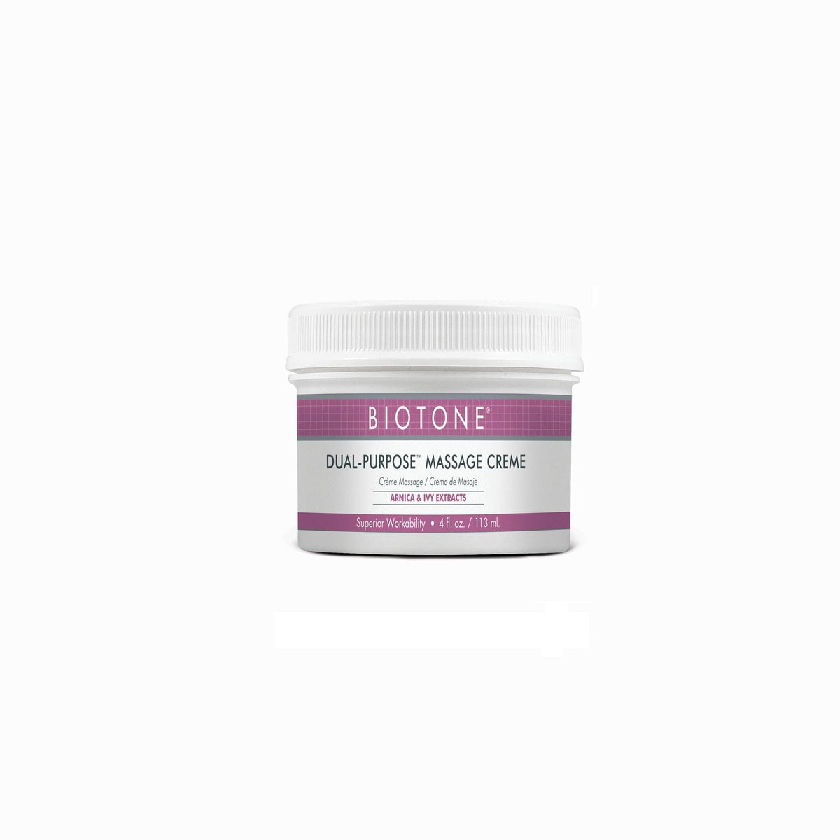 Biotone Dual Purpose Massage Creme 4 oz bottle for smooth glide and moisturized skin
