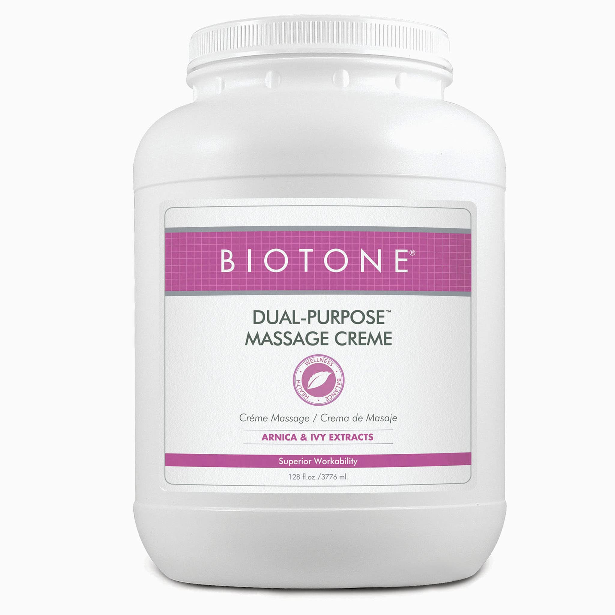 Biotone Dual-Purpose Massage Creme arnica ivy jar offers long-lasting glide for therapists