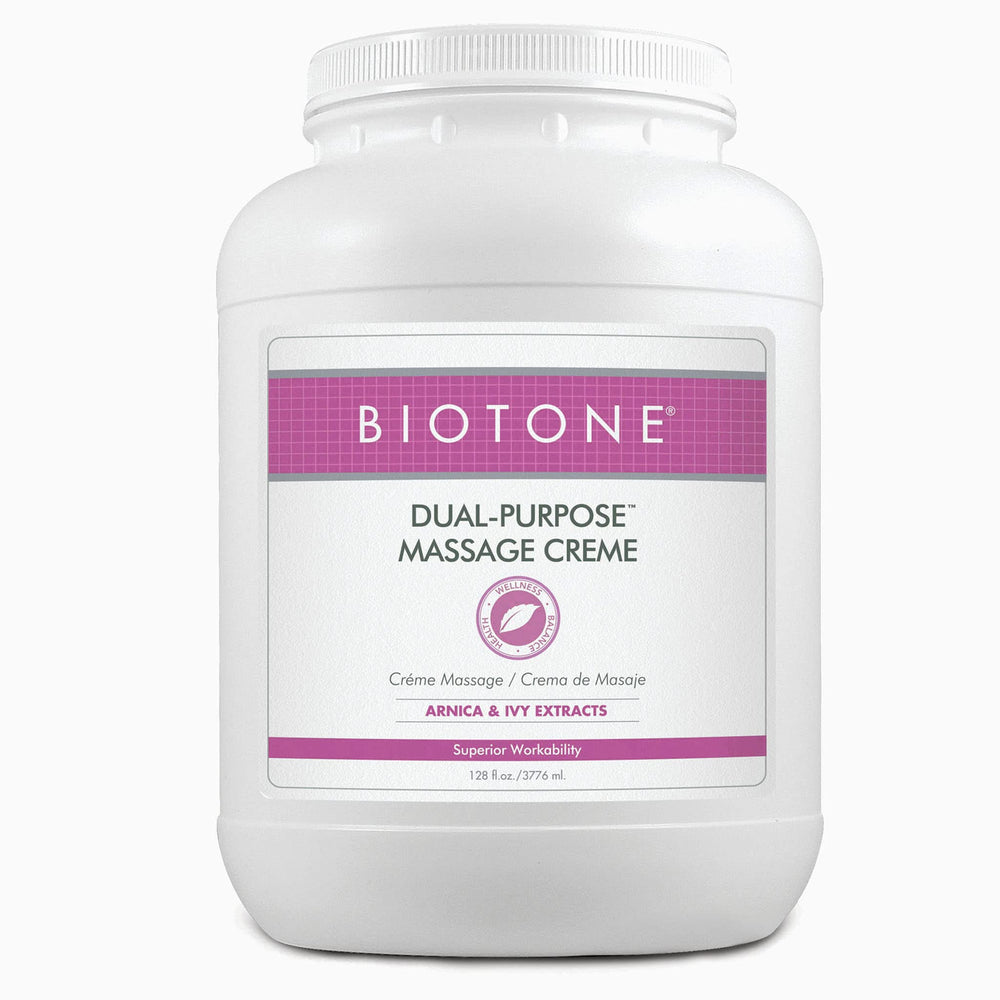 Biotone Dual-Purpose Massage Creme arnica ivy jar offers long-lasting glide for therapists