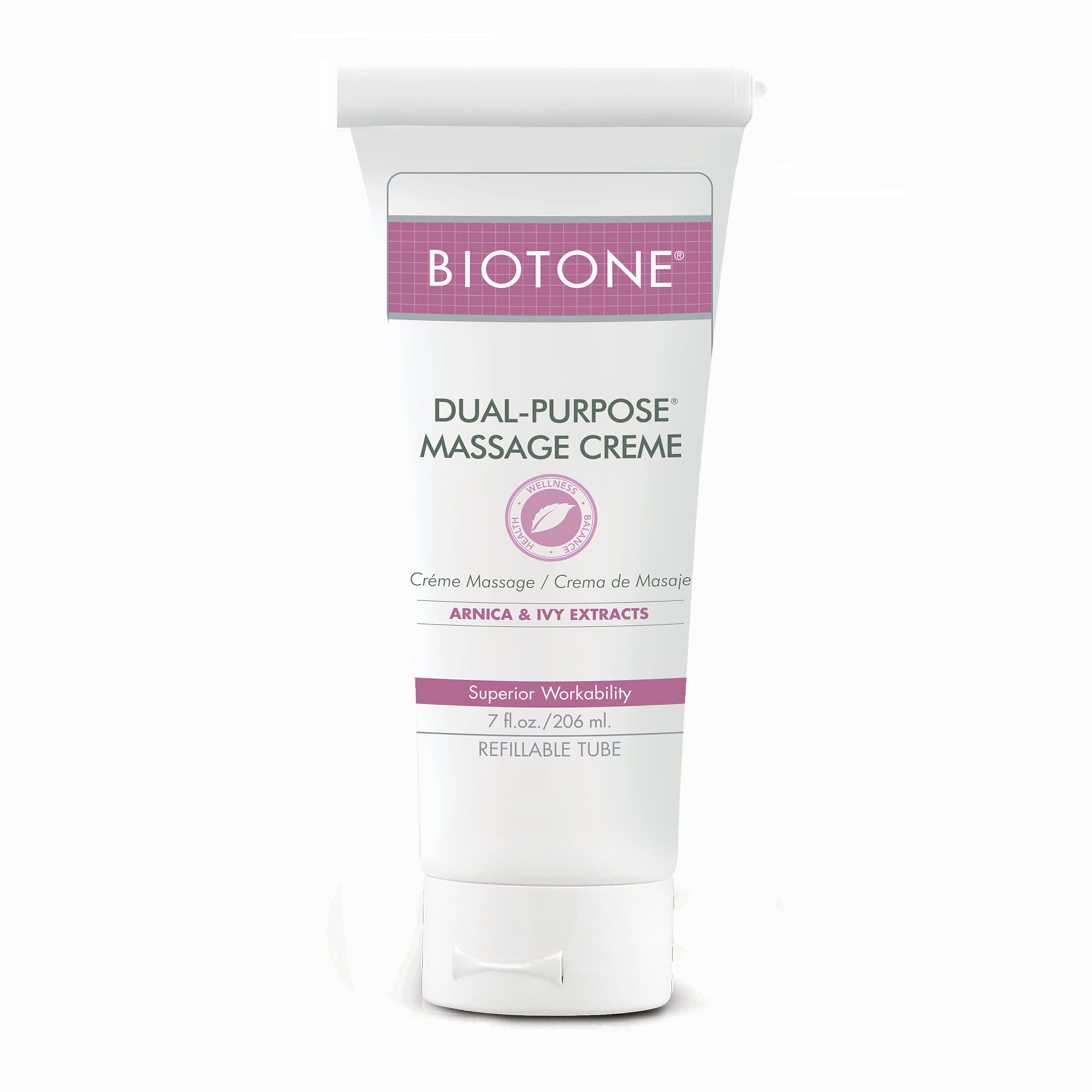 BIOTONE Dual-Purpose Massage Crème bottle glide supports effortless session transitions.