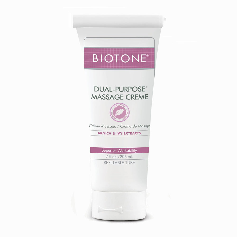 BIOTONE Dual-Purpose Massage Crème bottle glide supports effortless session transitions.