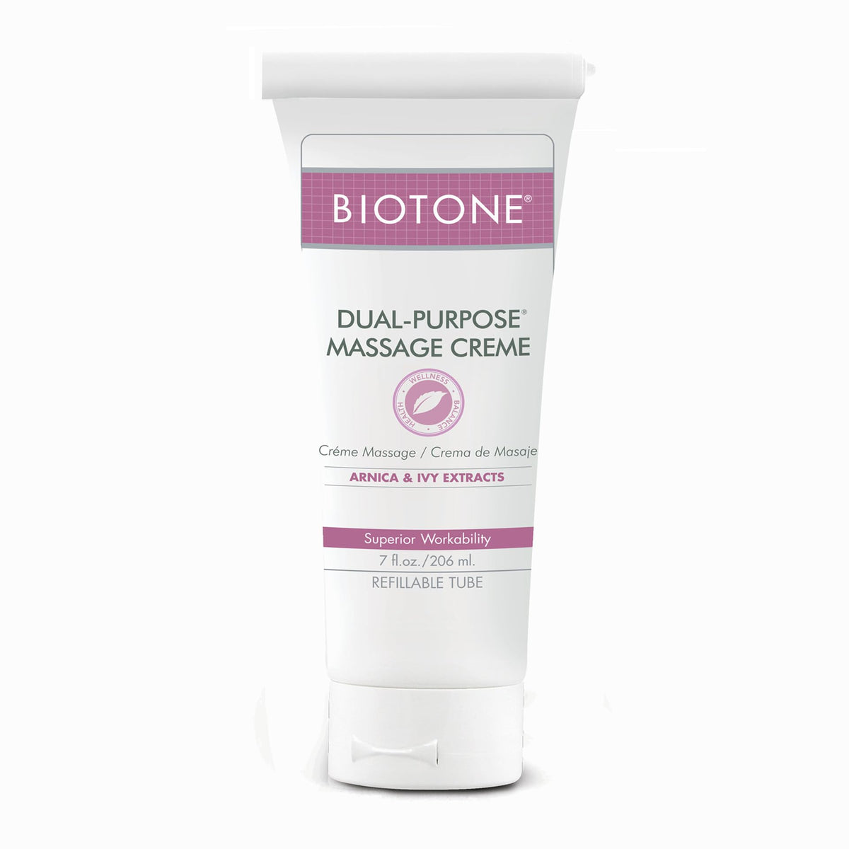 BIOTONE Dual-Purpose Massage Crème bottle glide supports effortless session transitions.