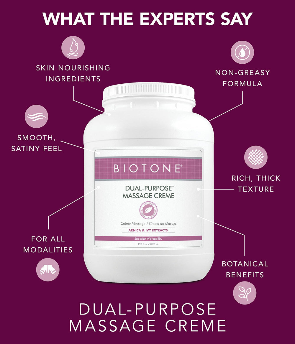 BIOTONE Dual-Purpose Massage Crème washes out easily from linens and clothing.