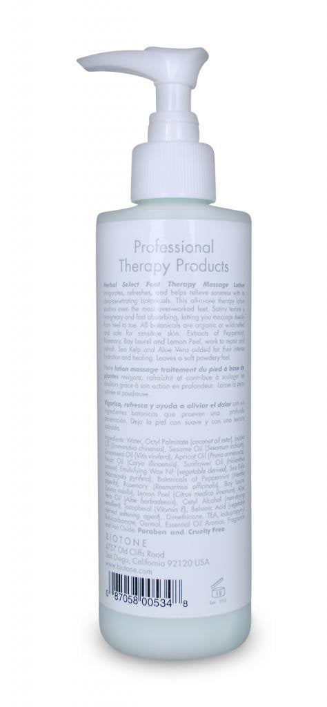 Biotone Herbal Select Foot Therapy Lotion close-up highlighting quick-absorbing, non-greasy texture.