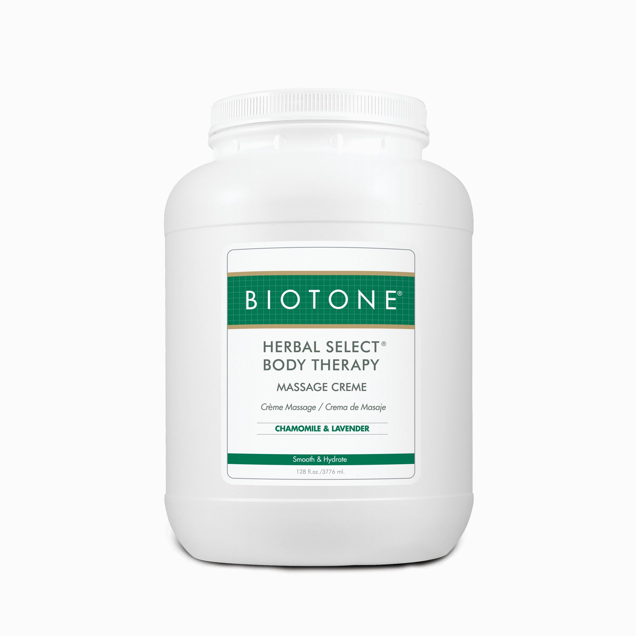 Biotone Herbal Select Massage Creme bottle showing satiny glide and skin hydration for massage