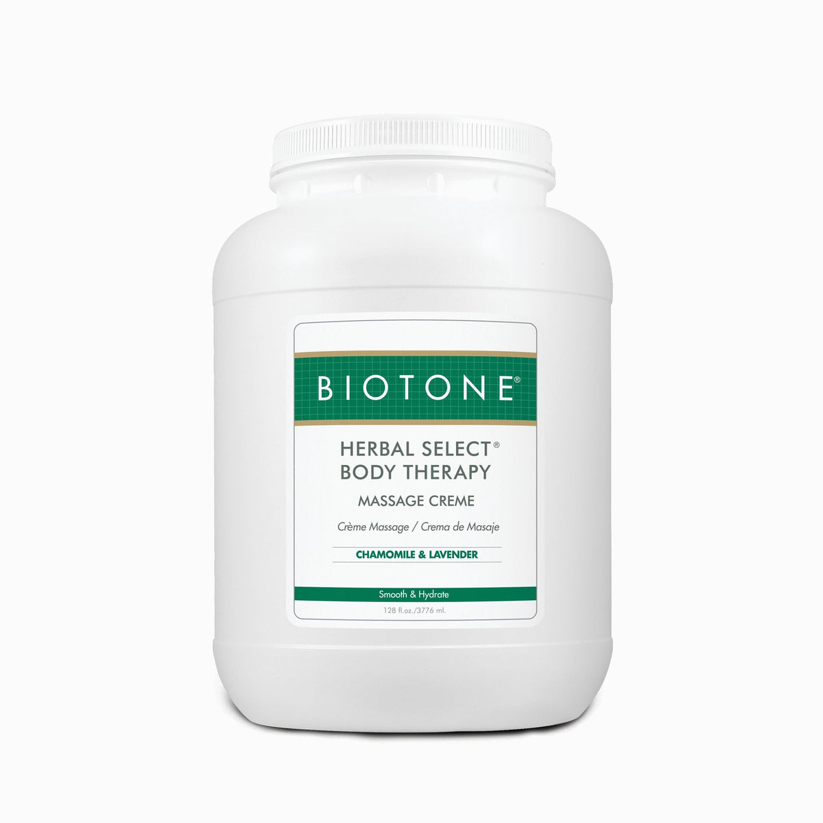 Biotone Herbal Select Massage Creme bottle showing satiny glide and skin hydration for massage
