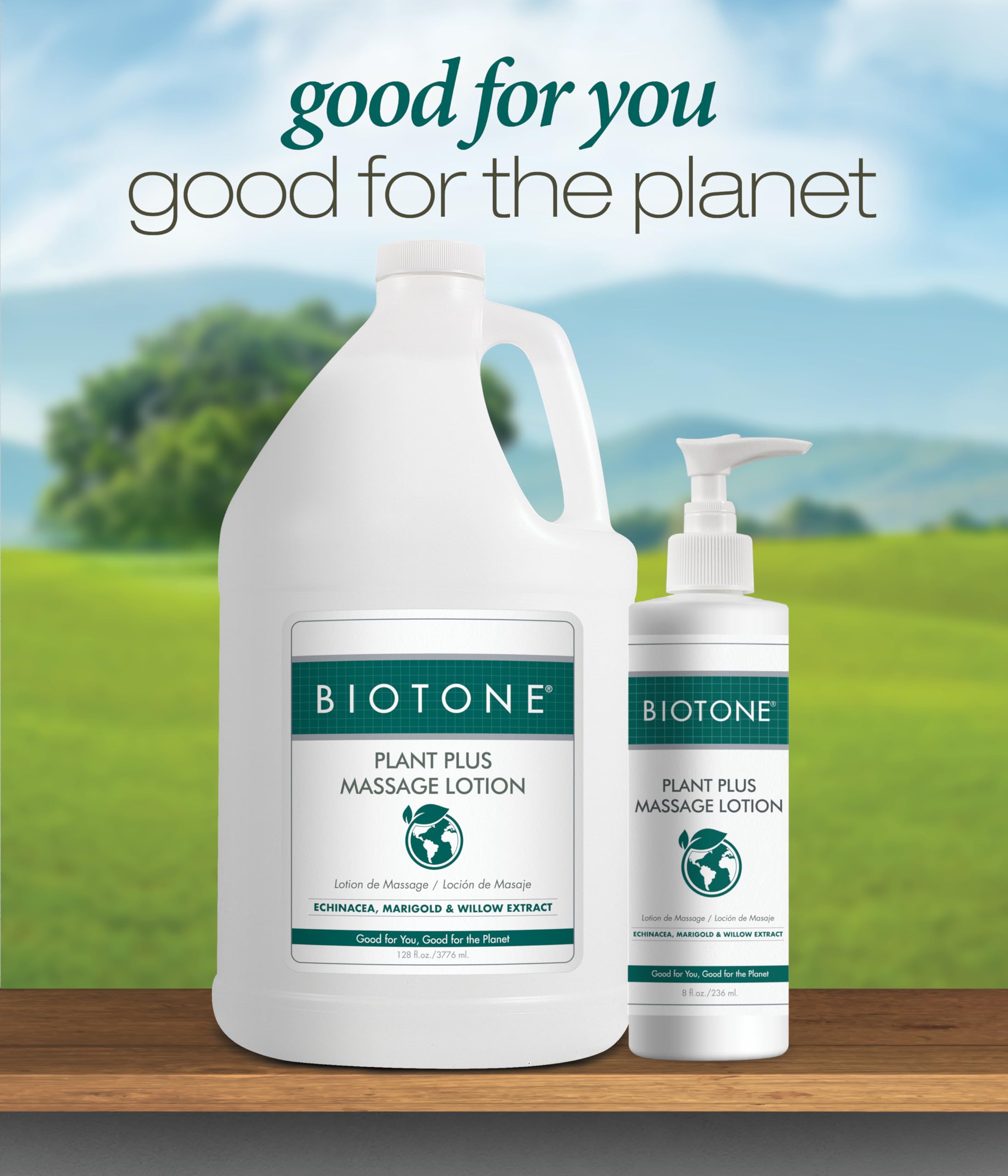BIOTONE Plant Plus Lotion label close-up highlights fragrance-free, gluten-free formula.