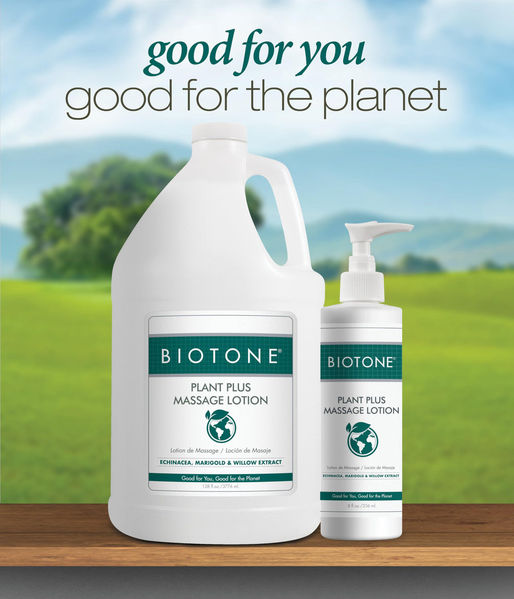BIOTONE Plant Plus Lotion label close-up highlights fragrance-free, gluten-free formula.