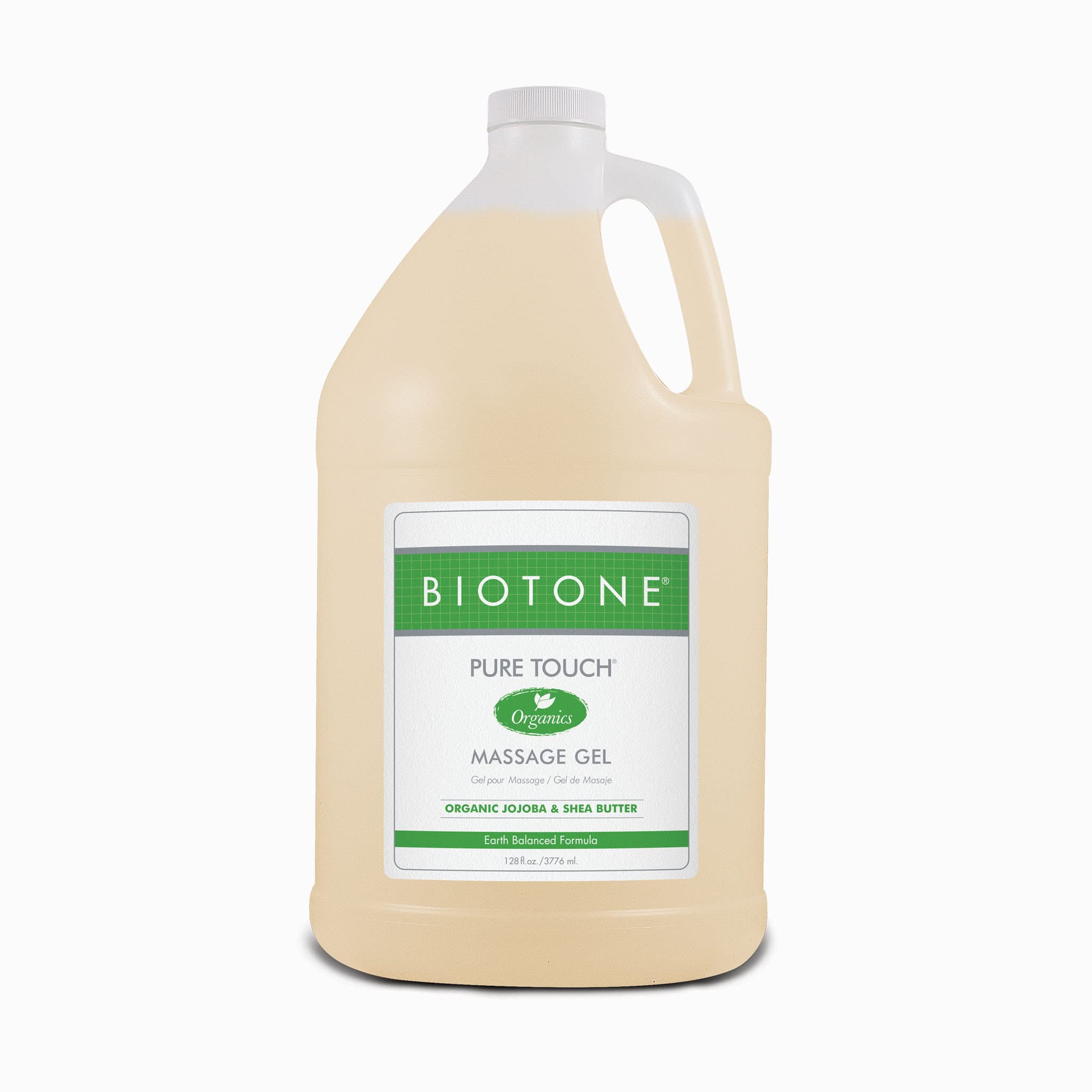 Biotone Pure Touch Organic Massage Gel bottle pour shows easy coverage and smooth glide.