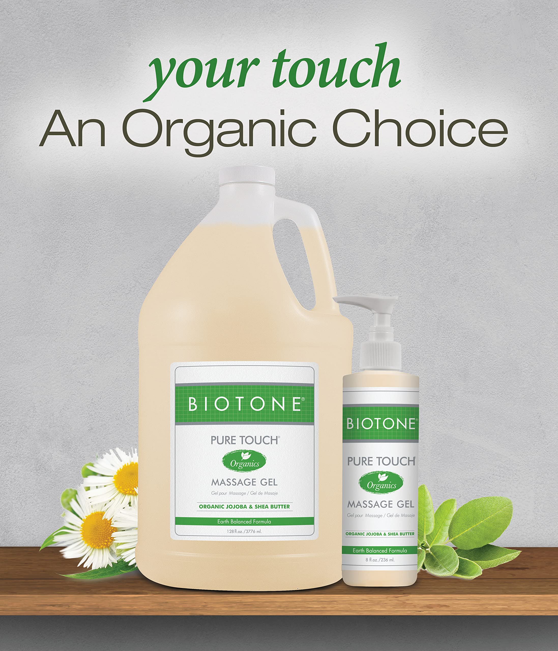 Biotone Pure Touch Gel close-up highlights organic extracts.