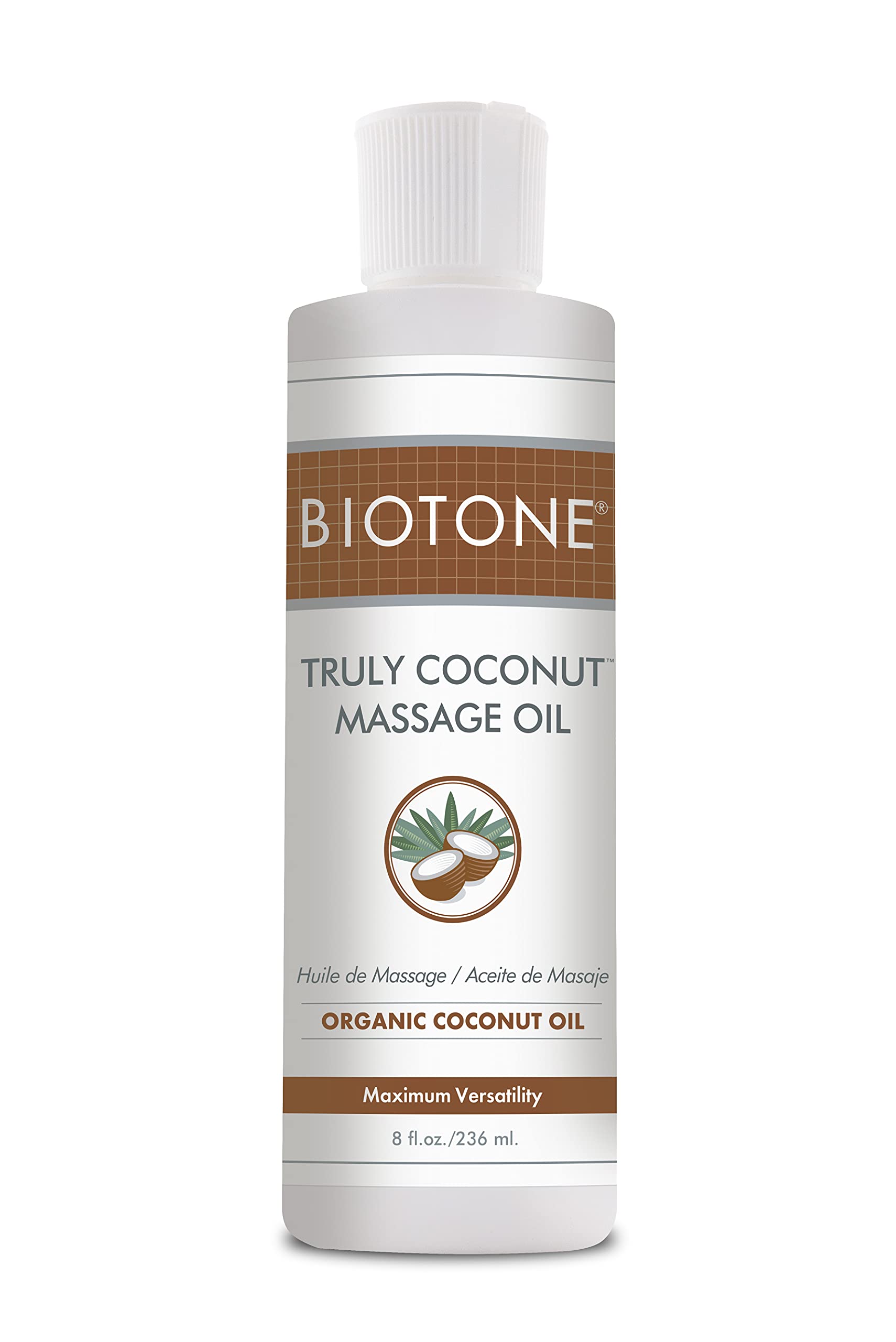 BIOTONE Truly Coconut Massage Oil bottle ready for a relaxing session