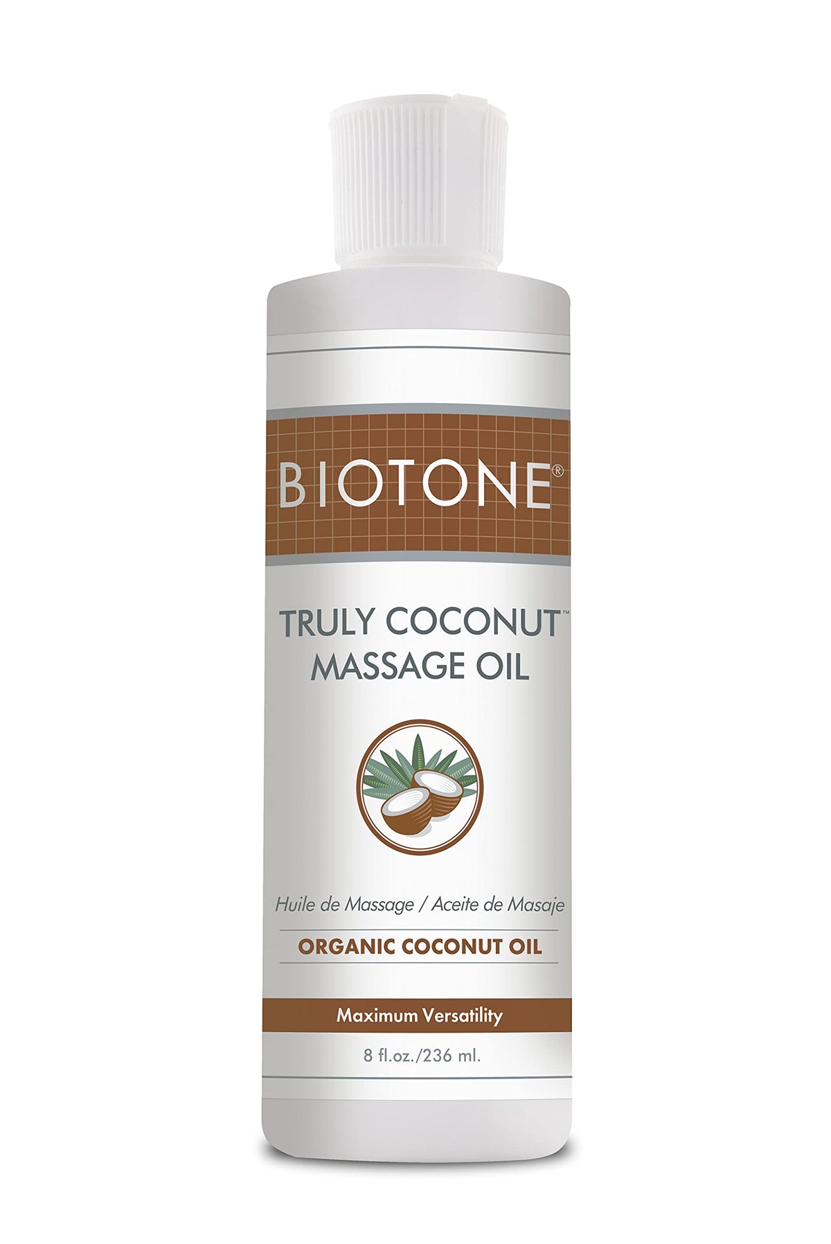 BIOTONE Truly Coconut Massage Oil bottle ready for a relaxing session