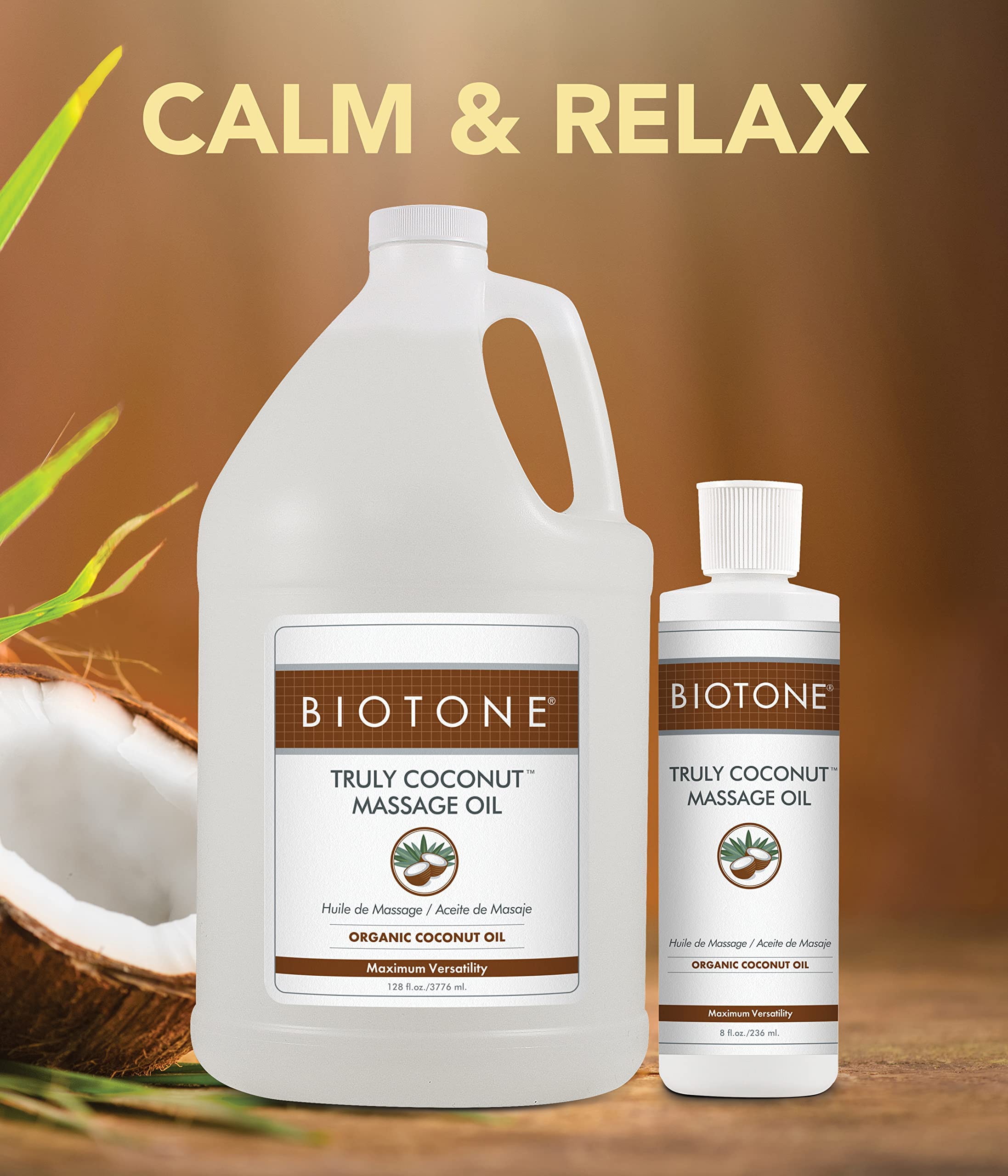 BIOTONE Truly Coconut Massage Oil home-use setup for spa-like relaxation