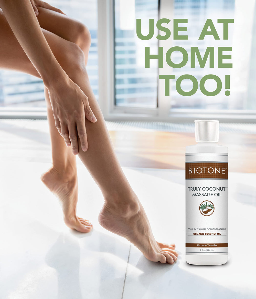 BIOTONE Truly Coconut Massage Oil used in hot stone sessions with smooth glide