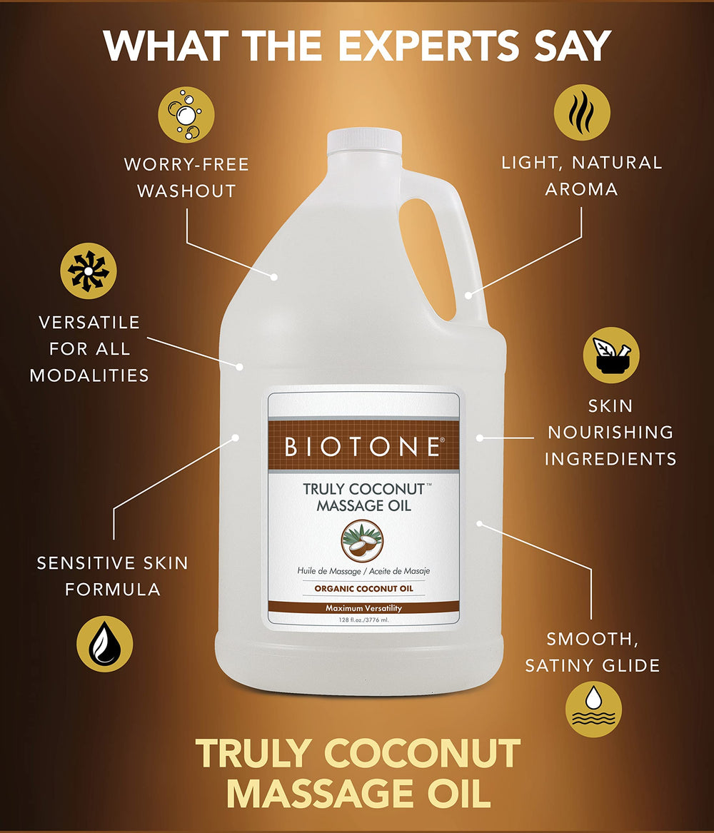 BIOTONE Truly Coconut Massage Oil label highlights organic ingredients and shelf life