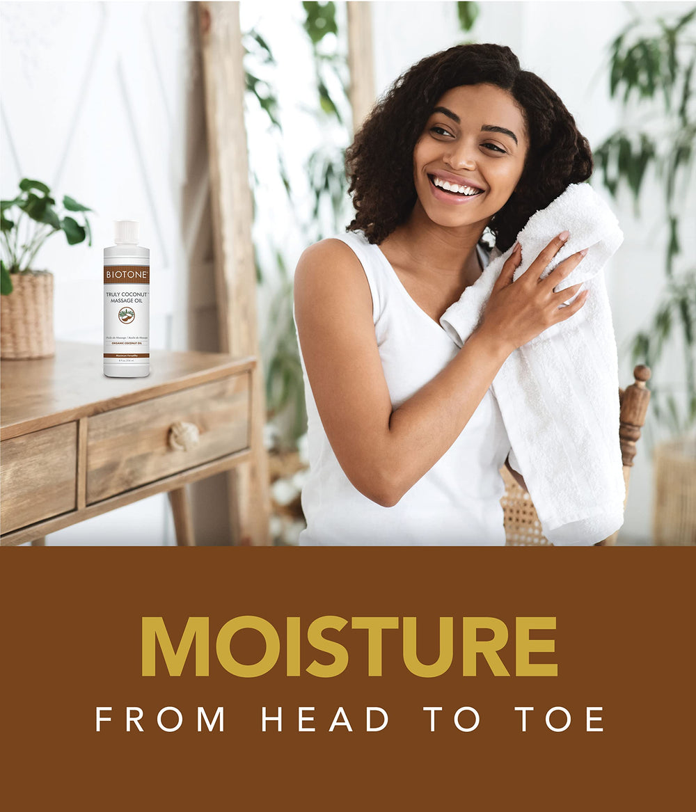 BIOTONE Truly Coconut Massage Oil texture shows silky glide for sessions