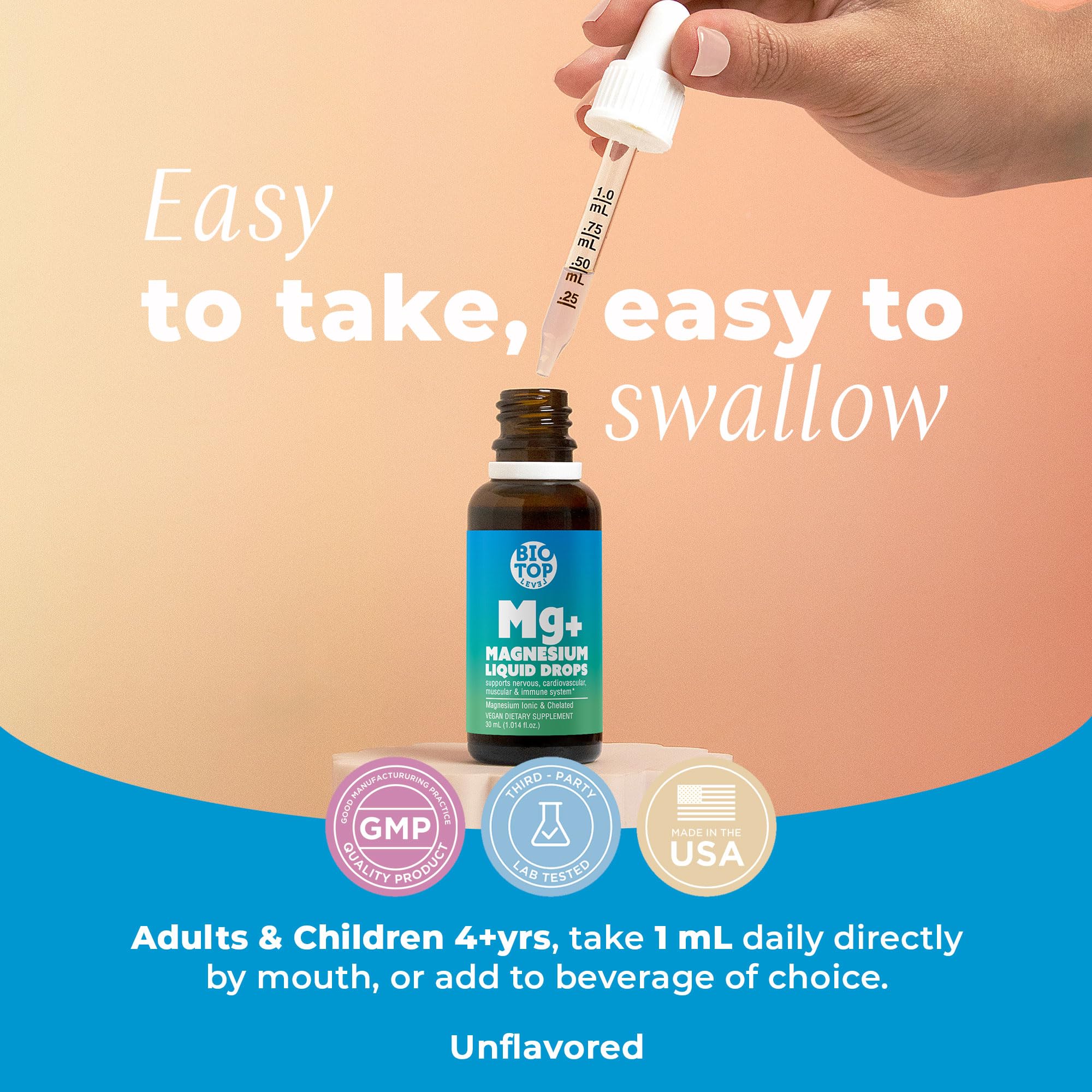 BIOTOPLEVEL drops labeled vegan and non-GMO for a clean supplement choice.