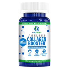 BioTrust Ageless Collagen Booster bottle close-up highlighting glow-friendly formula for skin and nails