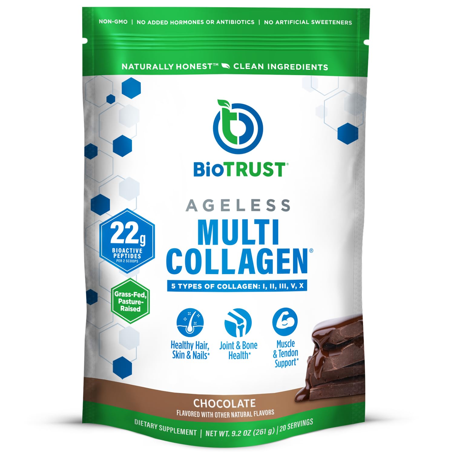 BioTrust Ageless Multi Collagen chocolate jar for easy daily use.