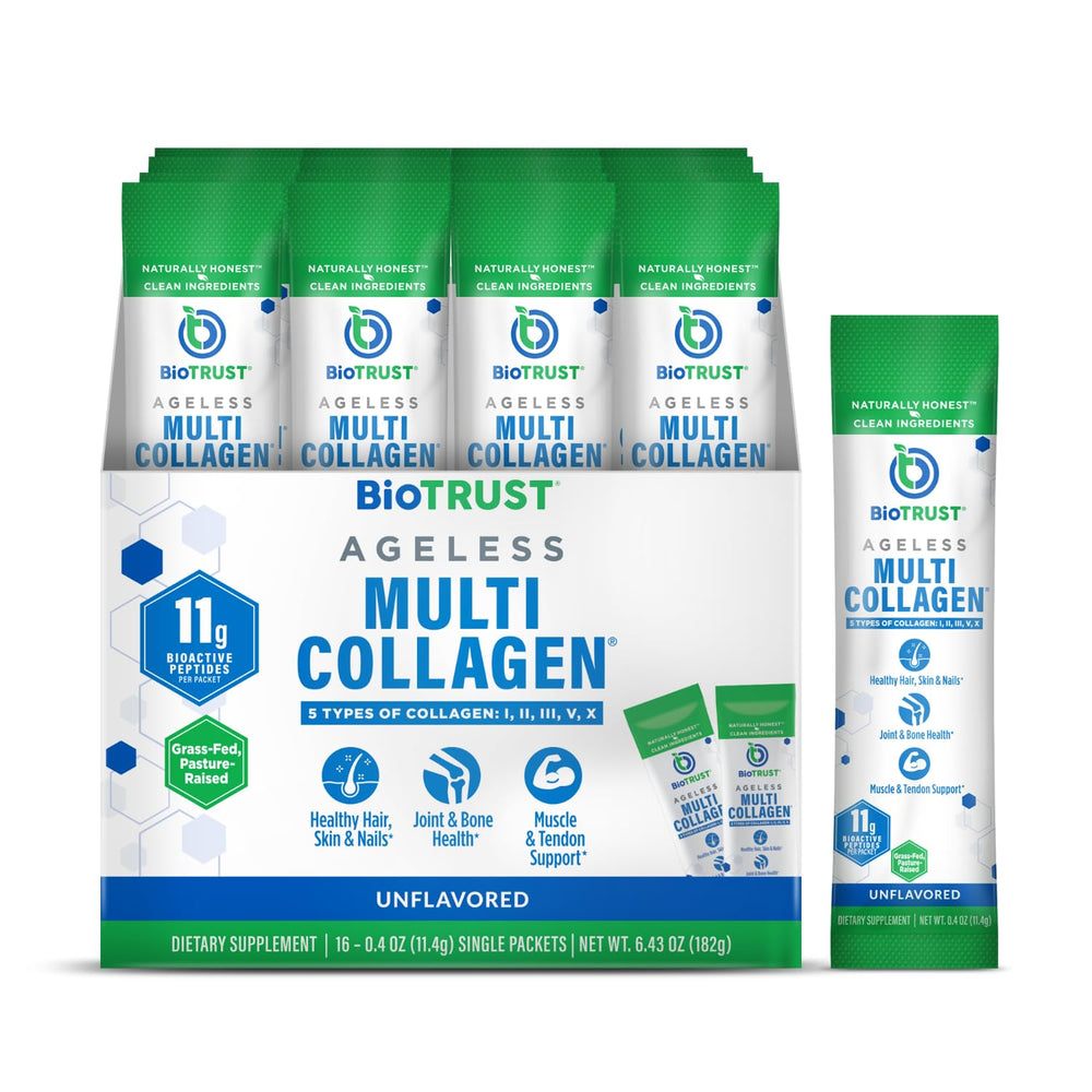 BioTrust Ageless Multi Collagen powder bottle for easy daily use with skin and joint support