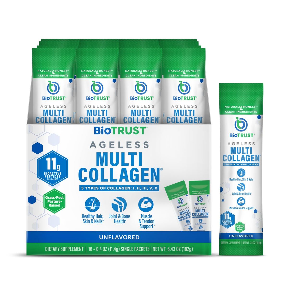 BioTrust Ageless Multi Collagen powder bottle for easy daily use with skin and joint support