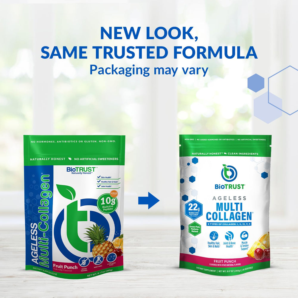 BioTrust Ageless Multi Collagen powder fruit punch glass offers flavorful boost for hydration