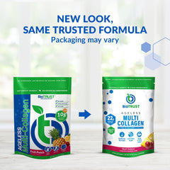 BioTrust Ageless Multi Collagen powder fruit punch glass offers flavorful boost for hydration