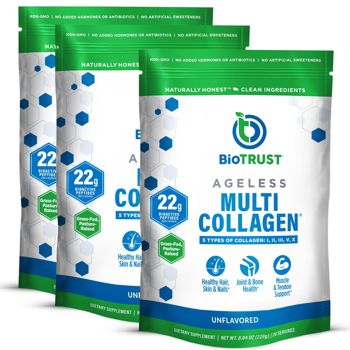 BioTrust Ageless Multi Collagen tub front view showing five collagen types for overall wellness