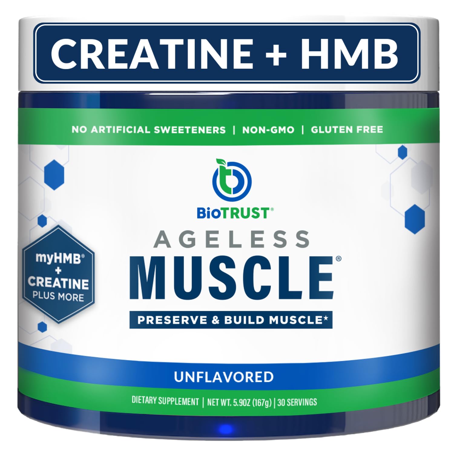 BioTrust Ageless Muscle bottle with scoop shows convenient daily dosage.