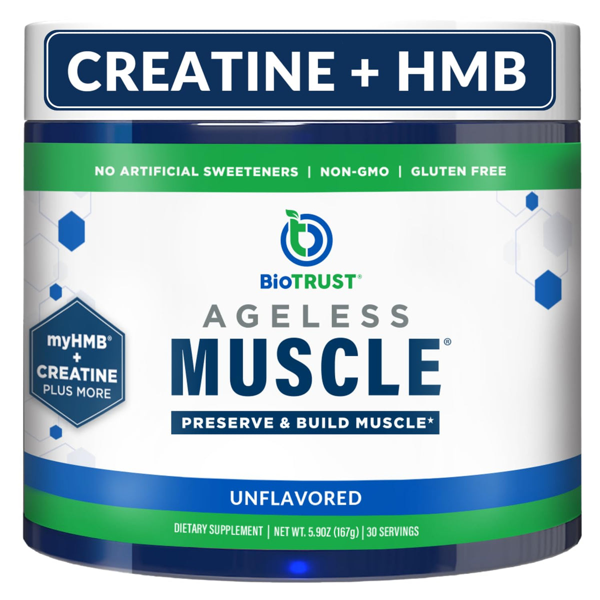 BioTrust Ageless Muscle bottle with scoop shows convenient daily dosage.