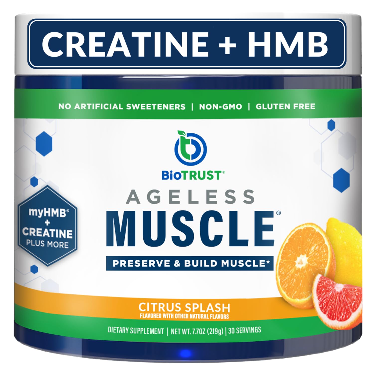 BioTrust Ageless Muscle Citrus Splash powder ready to mix for a refreshing workout boost.