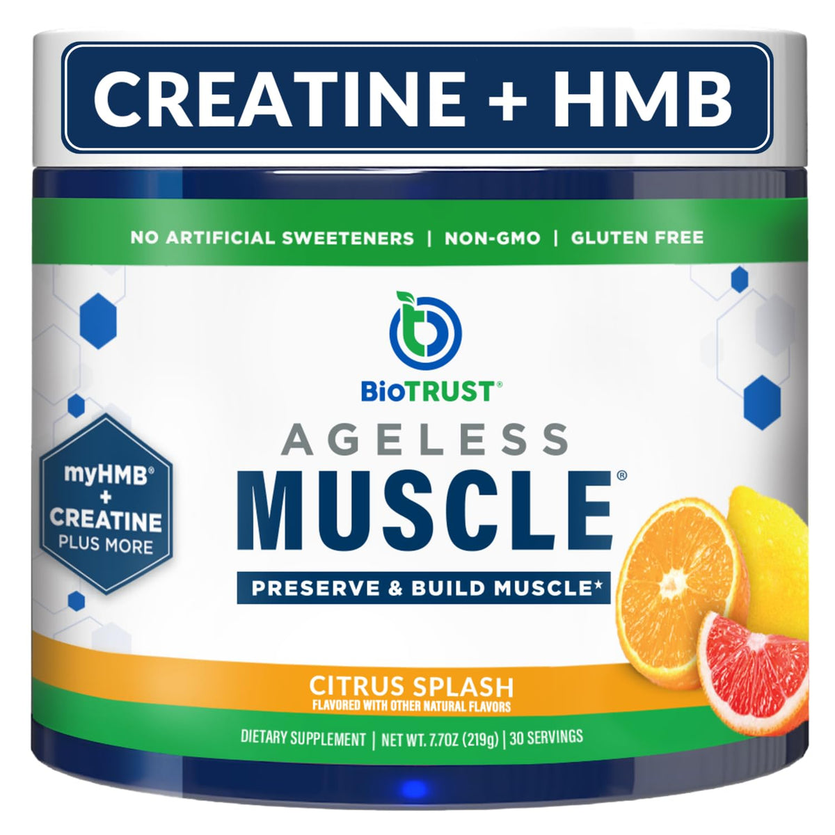 BioTrust Ageless Muscle Citrus Splash powder ready to mix for a refreshing workout boost.