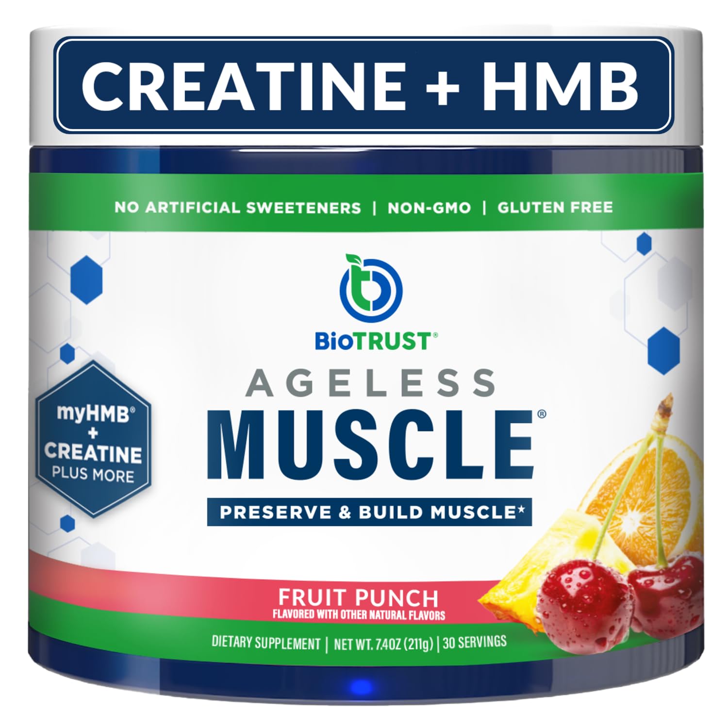 BioTrust Ageless Muscle bottle with fruit punch flavor for easy daily mixing.